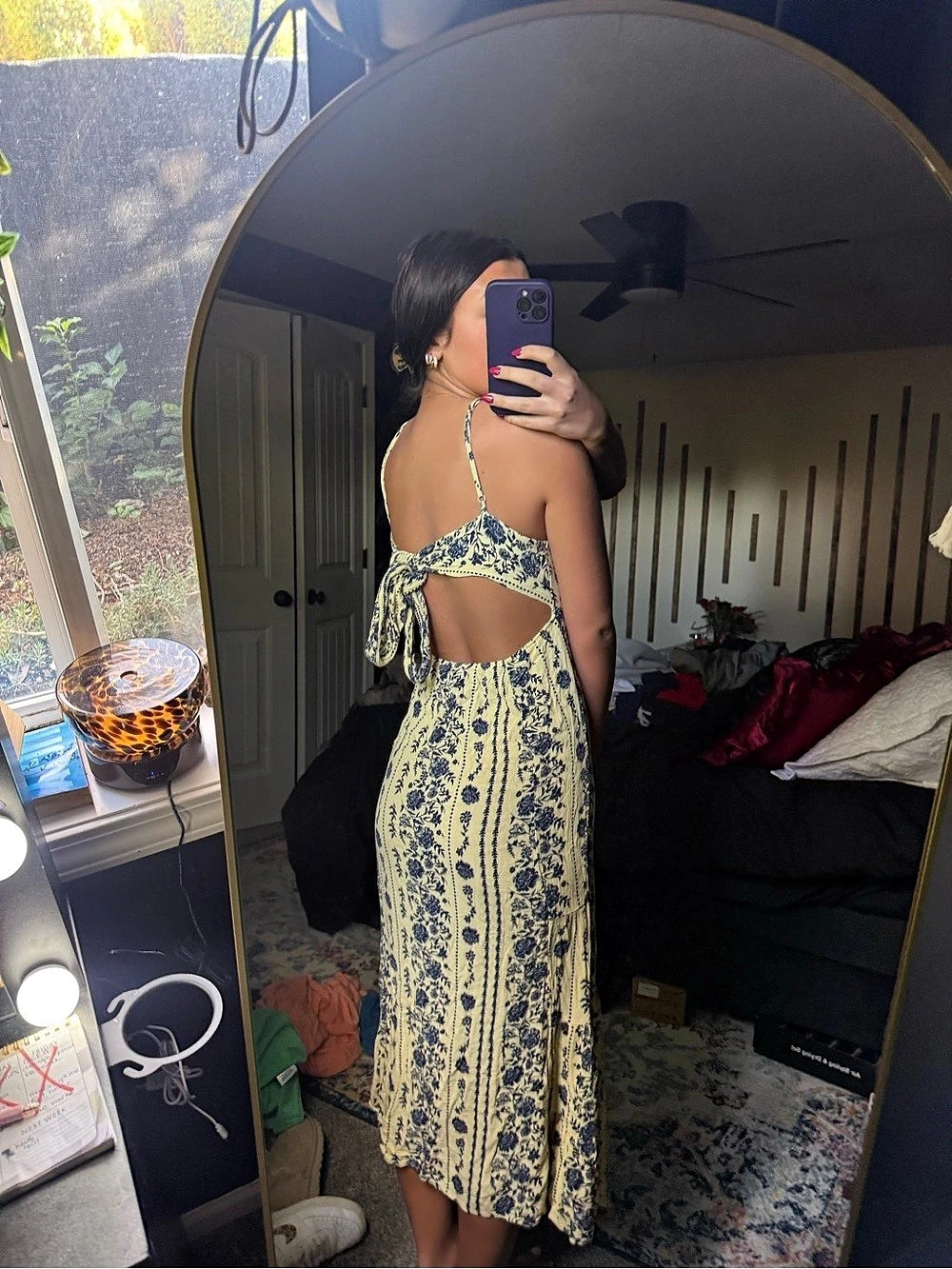 true Floral Open Back Midi Dress in Yellow & Blue Size Medium - Picture 3 of 6